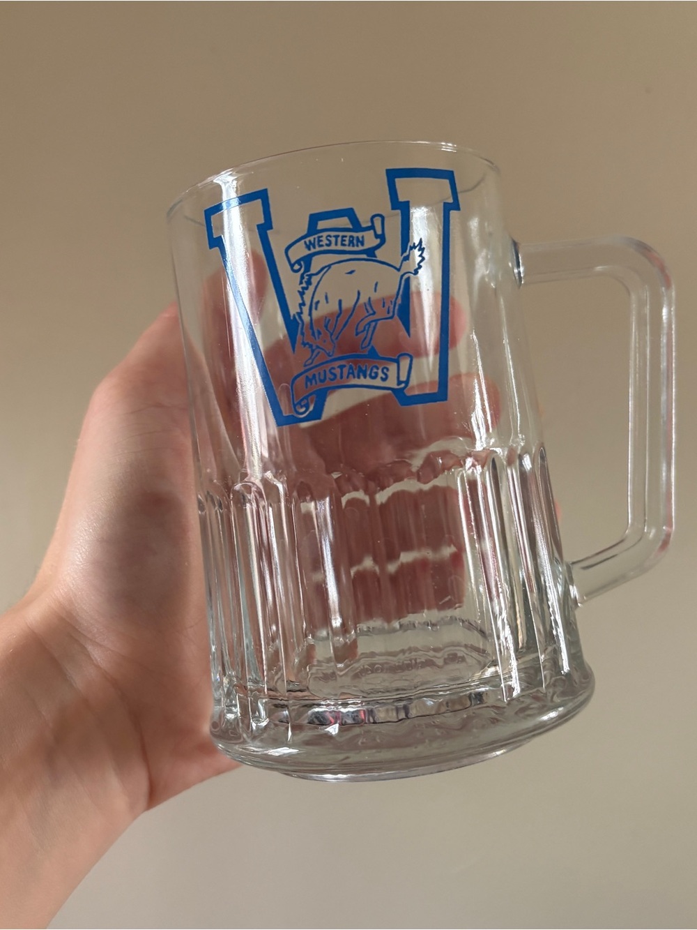 Vintage Tudor Clear Glass Beer Stein Mug with Blue Western Mustangs Logo